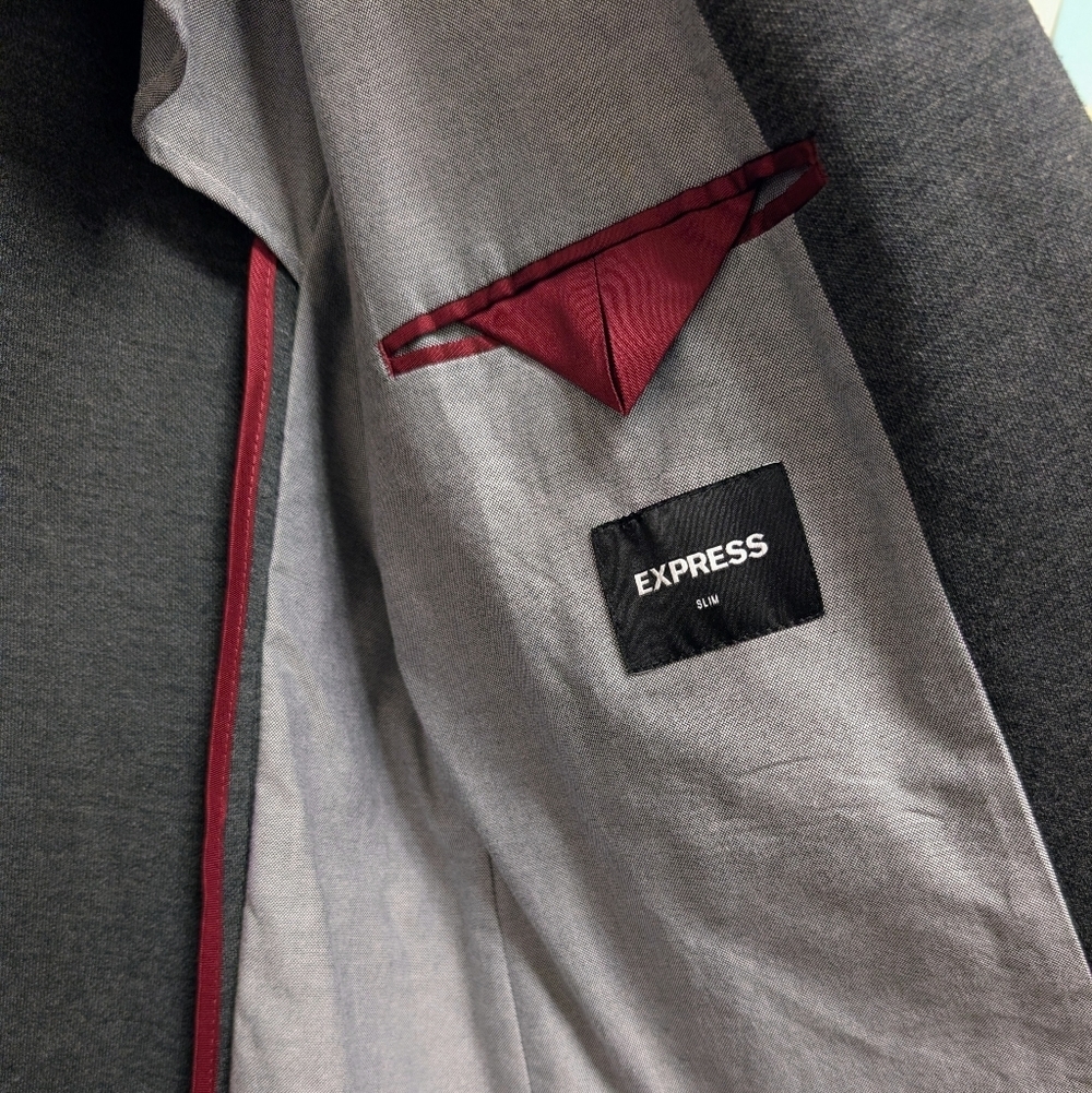 Express Men's Gray Blazer 44R Slim Fit 2 Button Notch Neck Career Office NWT - Picture 13 of 16